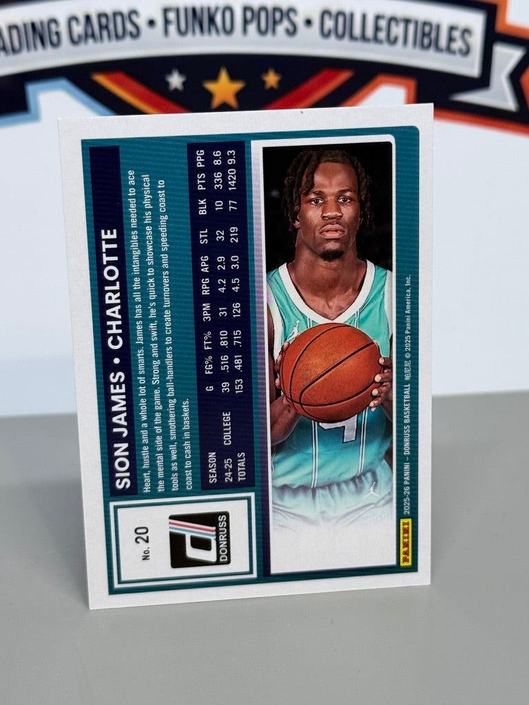 2025-26 Panini Donruss Sion James Rated Rookie Paralela Púrpura /275 RC #20 - Charlotte