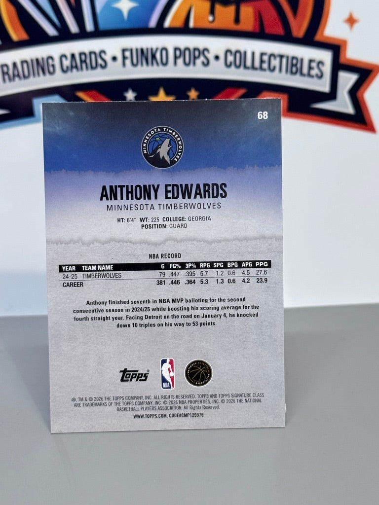 2025-26 Topps Signature Class Anthony Edwards Tarjeta Base #68 - Minnesota Timberwolves