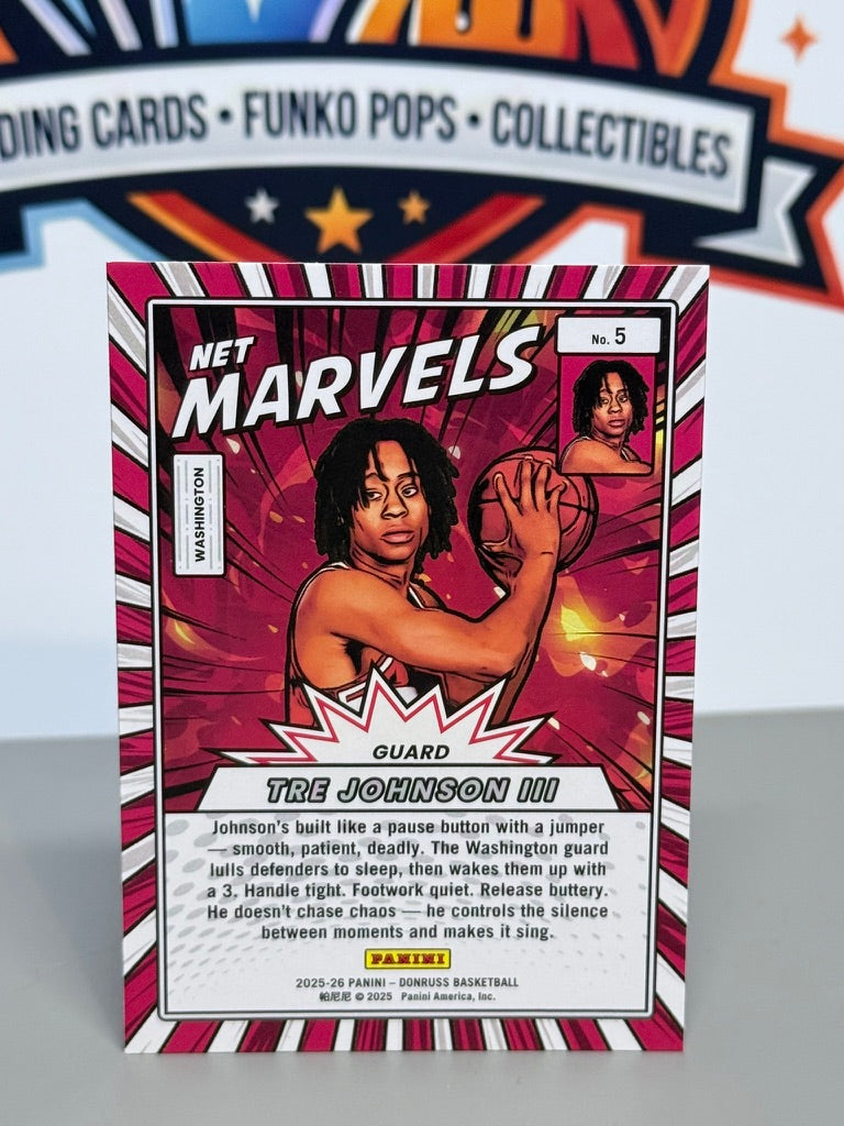 2025-26 Panini Donruss Tre Johnson III Net Marvels Press Proof Inserto de Novato RC #5 - Washington