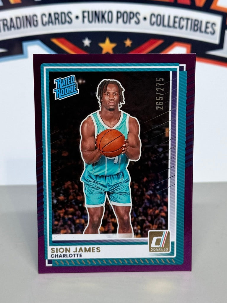 2025-26 Panini Donruss Sion James Rated Rookie Paralela Púrpura /275 RC #20 - Charlotte