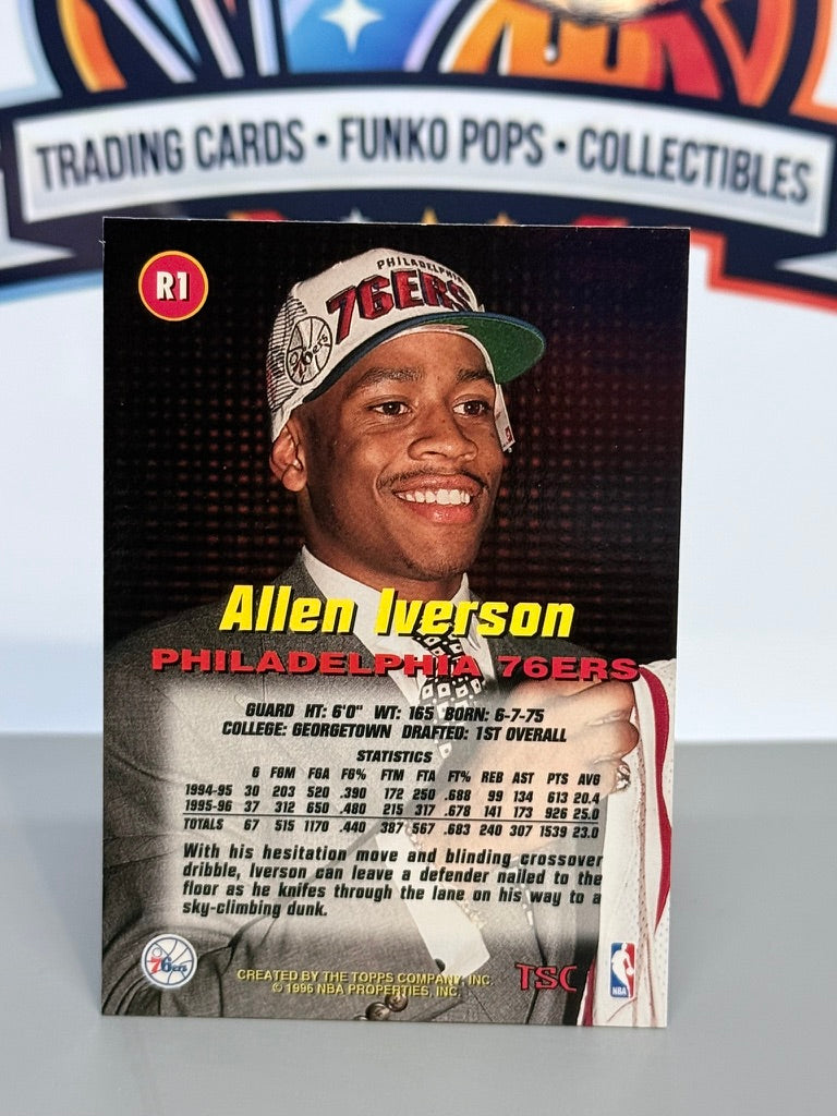 Tarjeta de novato de Allen Iverson de los 76ers de Filadelfia #R1 de Topps Stadium Club de 1996-97