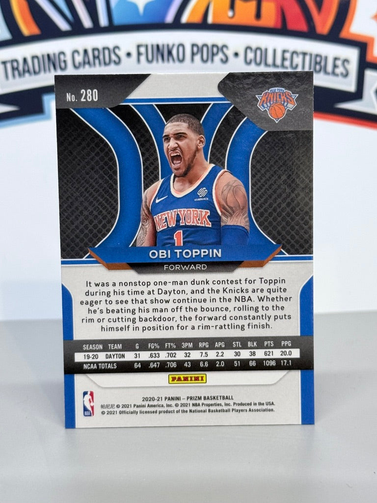 2020-21 Panini Prizm Obi Toppin Silver Prizm Refractor Tarjeta de novato RC #280 - New York Knicks